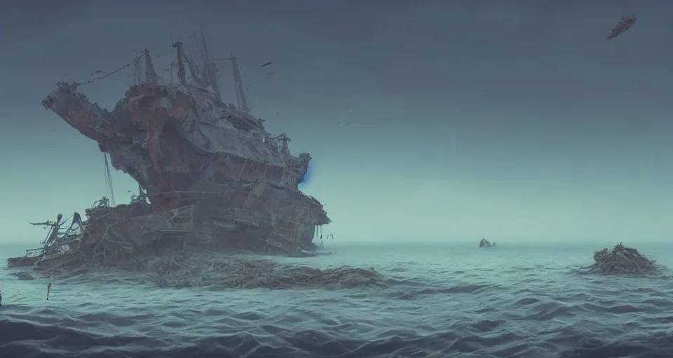 Image similar to Derelict galleon washed up seascape, rendered by zdzisław beksiński, simon stålenhag, Beeple, environment concept, digital art, starwars, unreal engine, 3 point perspective, WLOP, trending on artstation, low level, 4K UHD image, octane render,