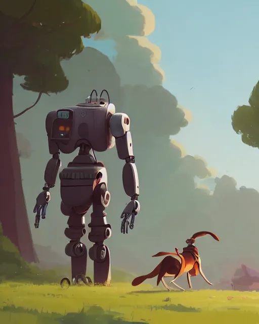 Prompt: a robot taking his dog for a stroll through nature, cory loftis, james gilleard, atey ghailan, makoto shinkai, goro fujita, character art, rim light, exquisite lighting, clear focus, very coherent, plain background, soft painting