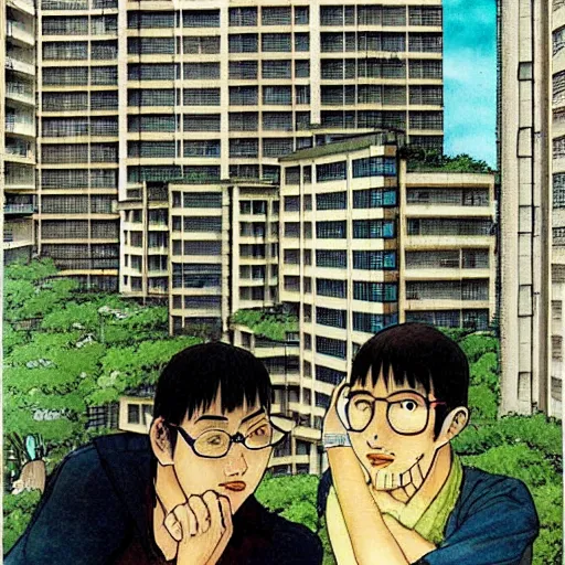 Image similar to art of two singapore students on the roof of a hdb flat, by satoshi kon