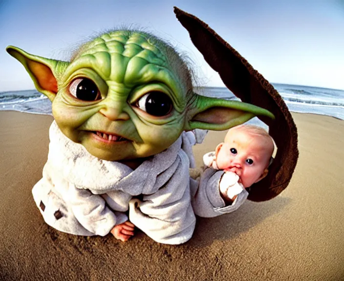 Prompt: wide angle photo of a very detailed baby yoda!!. sharp face. at the beach next to a big seagull!!!!. photo by martin parr and annie lebovitz. fisheye lens