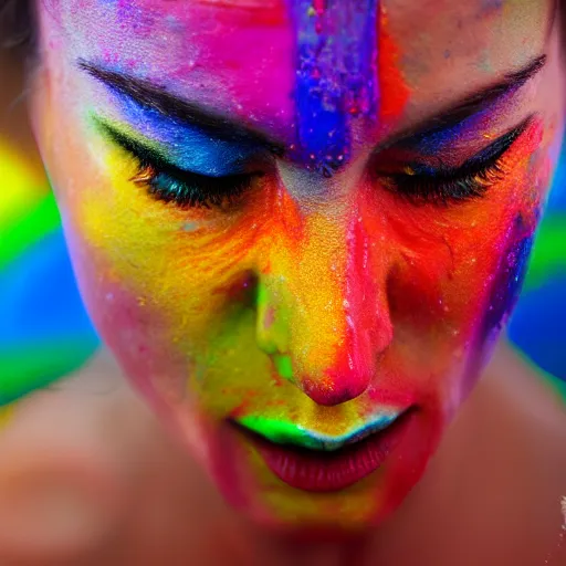 Image similar to woman crying rainbow paint, photography, ultra realistic, highly detailed, 8 k