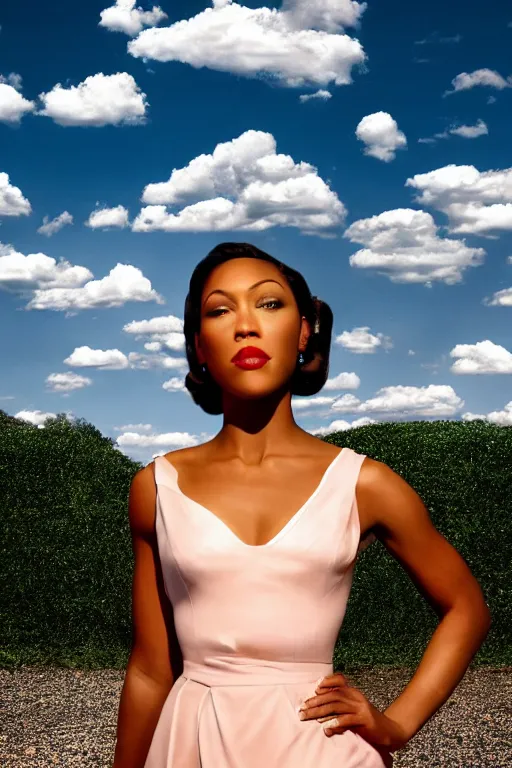 Image similar to full body portrait of megan good in the style of bill medcalf, mario testino, blue sky with a few clouds, retro, 1 9 5 0, 4 k, detailed, 1 / 3 headroom, cinematic rule of thirds