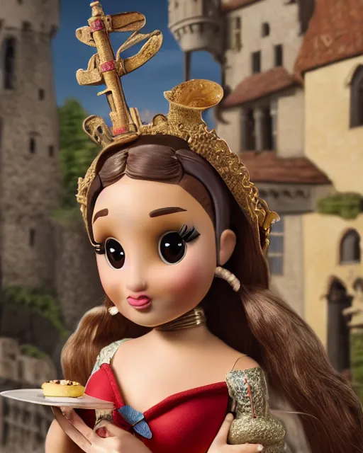 Image similar to highly detailed closeup, face profile portrait of a tin toy ariana grande as a medieval girl eating cakes in a castle, bikini, depth of field, nicoletta ceccoli, mark ryden, lostfish, dan decarlo, bob clampett, max fleischer, detailed and intricate environment, 8 k resolution, hyperrealistic, octane render