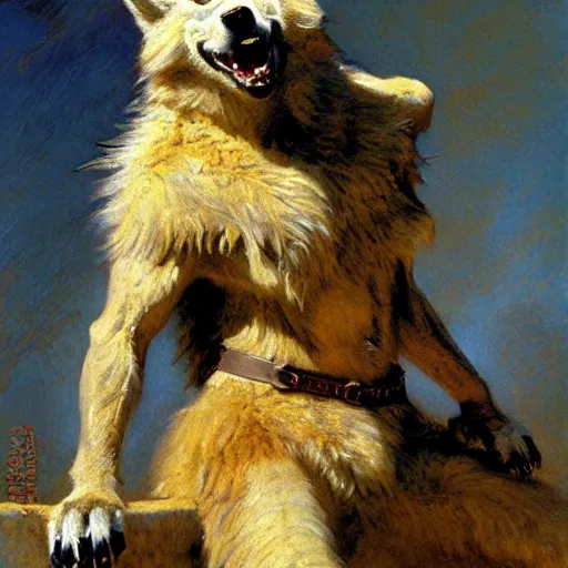 Prompt: a portrait of a furry wolf wearing clothes, hairy, furry body, furry arms, feet, tail. highly detailed painting by gaston bussiere, craig mullins, j. c. leyendecker, furry