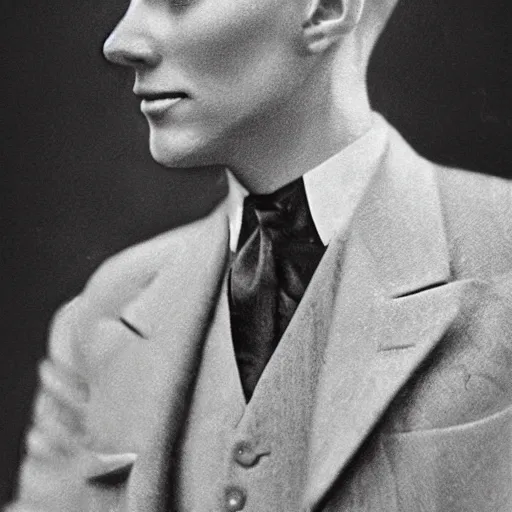 Image similar to A photograph portrait of Jerma985 wearing a suit with short slicked hair in the early 1930s, taken in the early 1930s, grainy, taken on a early 1930s Kodak Camera, realistic, hyperrealistic, very realistic, highly detailed, very detailed, extremely detailed, detailed, digital art, trending on artstation