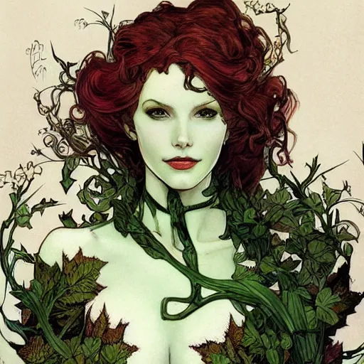 Image similar to a beautiful painting of professor poison ivy, botany, dark eyeliner, intricate, elegant, highly detailed, digital painting, artstation, concept art, matte, sharp focus, illustration, art by rebecca guay and by arthur rackham and by alphonse mucha and by john william waterhouse