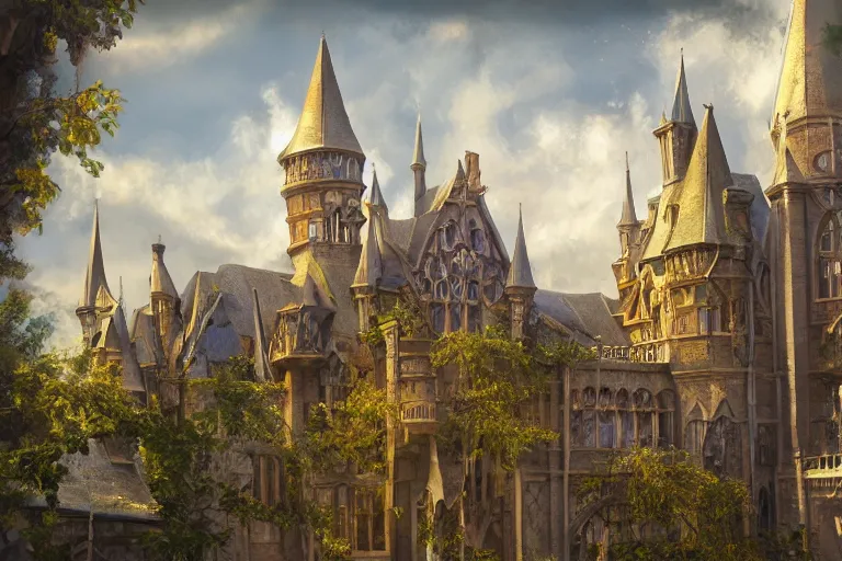 Prompt: A beautiful magical college viewed from the outide, texture, intricate, details, highly detailed, masterpiece, architecture, building, trending on artstation, focus, sharp focus, concept art, digital painting, fantasy, sunny, day, midday, in the style of Wizards of the Coast