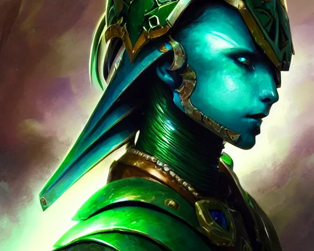 Image similar to extreme close up portrait of a aeldari in armor,, bottom up green lighting, stoic, poised, deep focus, d & d, fantasy, intricate, highly detailed, digital painting, artstation, concept art, matte, sharp focus, illustration, hearthstone, art by artgerm and greg rutkowski and alphonse mucha