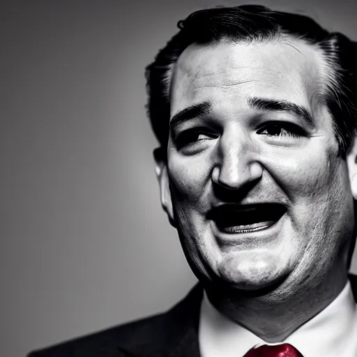 Prompt: Ted Cruz with a wide grin peaking through a door, black and white, creepy lighting, scary, horror, ornate, eerie, fear