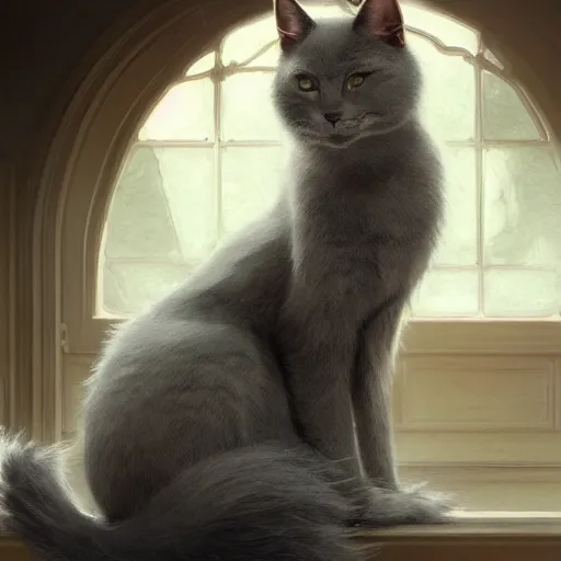 Prompt: a big bored gray cat with long fur and fluffy tail sitting, intricate, elegant, highly detailed, digital painting, artstation, concept art, matte, sharp focus, illustration, art by Artgerm and Greg Rutkowski and Alphonse Mucha