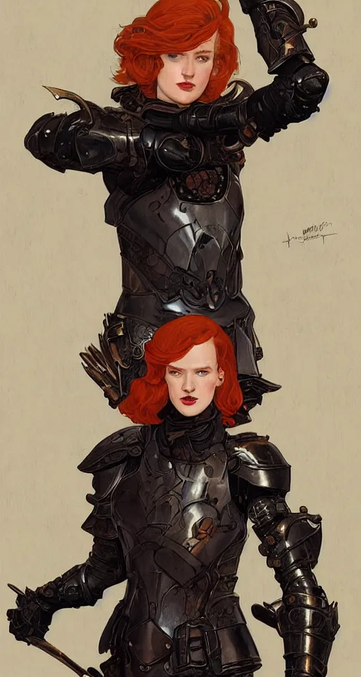Image similar to redhead mackenzie davis actress wearing black armour with bare legs, mucha, hard shadows and strong rim light, art by jc leyendecker and atey ghailan and sachin teng