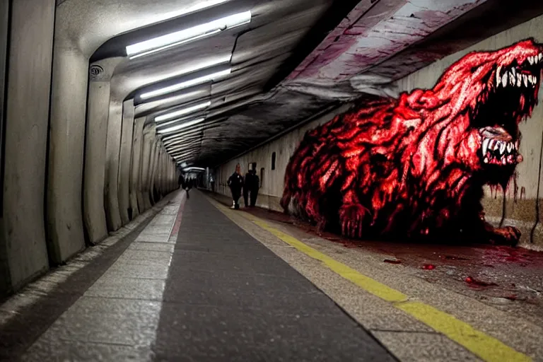 Image similar to very large giant mutant zombie irradiated ( angry rat ) staying on railways in tonnel of moscow subway. giant angry rat. 4 k, very realistic. extreme long shot, low dark light, scary mood, ( anish kapoor, herman nitsch ).