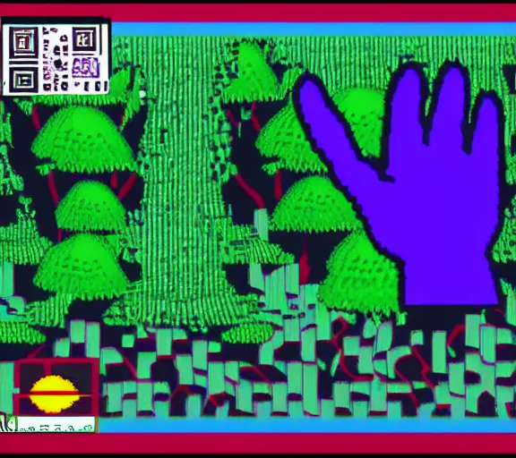 Prompt: snes cartrige cover art of a blue glitchy hand in the forest