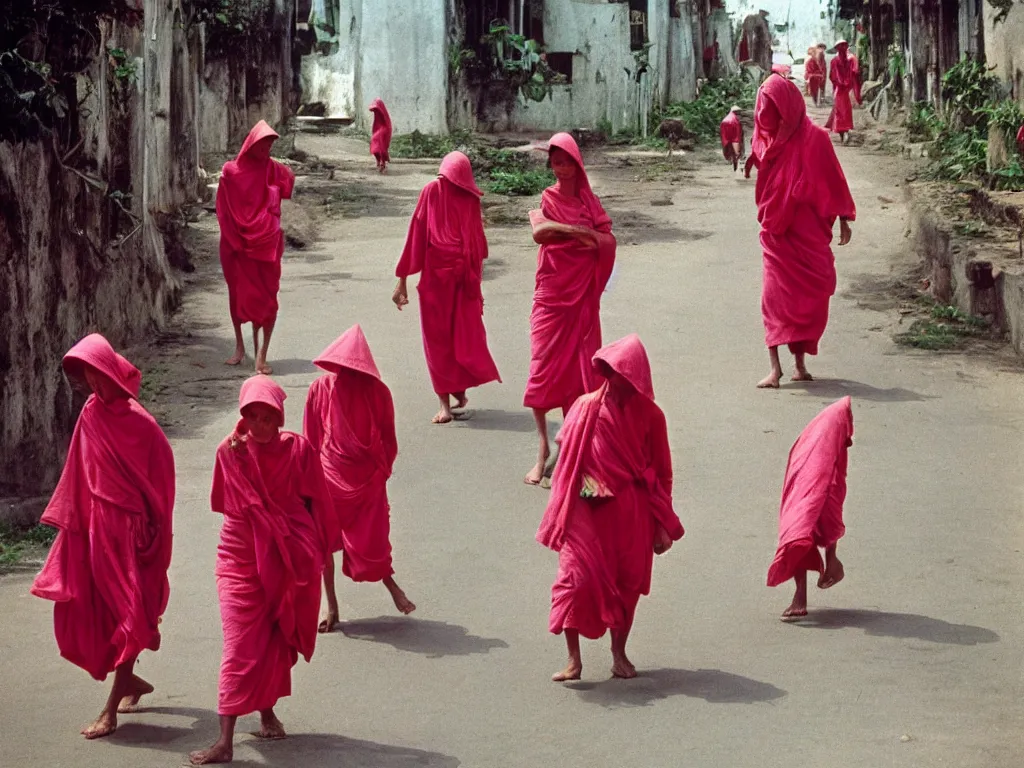 Image similar to 3 5 mm photography taken by harry gruyaert, pink monks in vietnam, sun and shadows, 1 9 7 0 s kodachrome colour photo