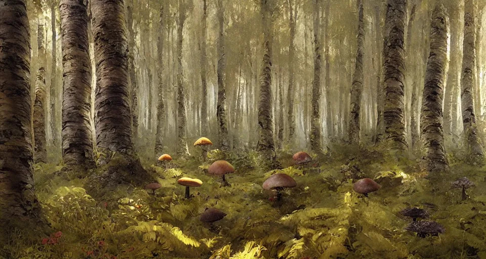 Image similar to sunny birch forest, hemlocks, mushrooms, intricate, vivid colors, elegant, highly detailed, john park, frazetta, john howe, ruan jia, jeffrey catherine jones