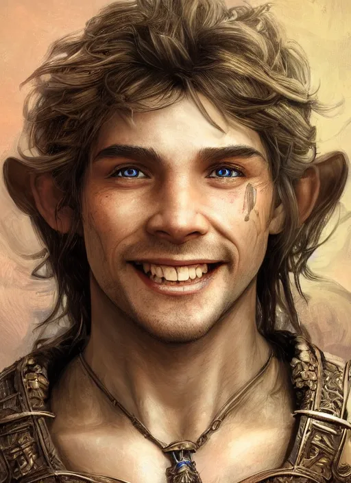 Prompt: male halfling bard, beautiful detailed eyes and a bright smile, dirty, fantasy, intricate, rough, highly detailed, digital painting, 4k, HDR, concept art, detailed book, smooth, sharp focus, upper body shot, illustration, art by Artgerm, H R Giger and Alphonse Mucha