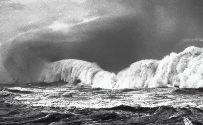 Image similar to a mega-tsunami seen from the shore, cinematic