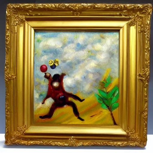 Image similar to oil painting impressionist stopwatch and banana flying through the air, flies, whimsical, detailed,