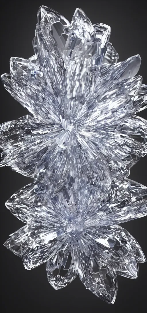 Image similar to portait of a crystal flower, octane render uhd, filmic lighting, cinematic art shot, hyperrealistic, hyperdetailed, super detailed, 8 k, high resolution, 8 k uhd, mega high white mountain, midnight