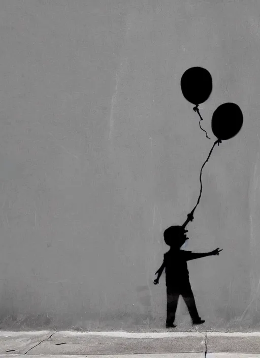 Image similar to A black and white graffiti of boy holding a single dark blue balloon on a concrete background in the style of Banksy, graffiti, digital art