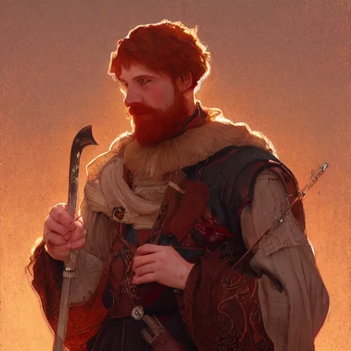 Image similar to portrait of a redhead human bard in a medieval tabern, joyful, fantasy, highly detailed, digital painting, artstation, concept art, character art, art by greg rutkowski and tyler jacobson and alphonse mucha