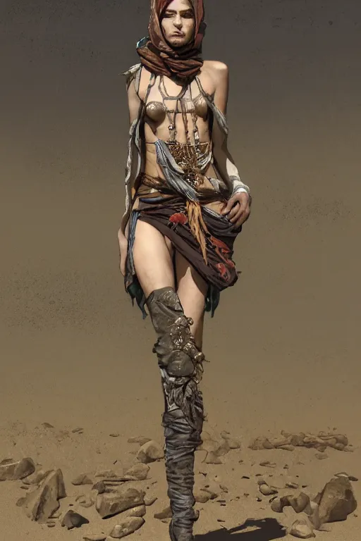 Image similar to a full body portrait of a beautiful post apocalyptic offworld desert bedouin thief savage rogue in beggars clothes in ballet pose by the emerald oasis pools, intricate, elegant, highly detailed, digital painting, artstation, concept art, smooth, sharp focus, illustration, art by krenz cushart and artem demura and alphonse mucha