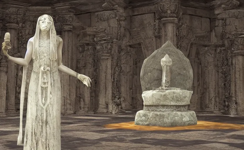 Prompt: A white priestess is conjuring a spell inside the ancient and mythical temple. Bronze statue, unreal engine