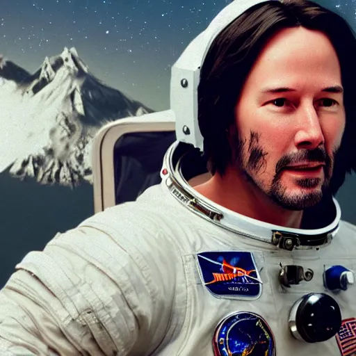 Image similar to real vintage photo, an astronaut meeting keanu reeves, detailed, hyper realistic, 4 k octan render, unreal 5