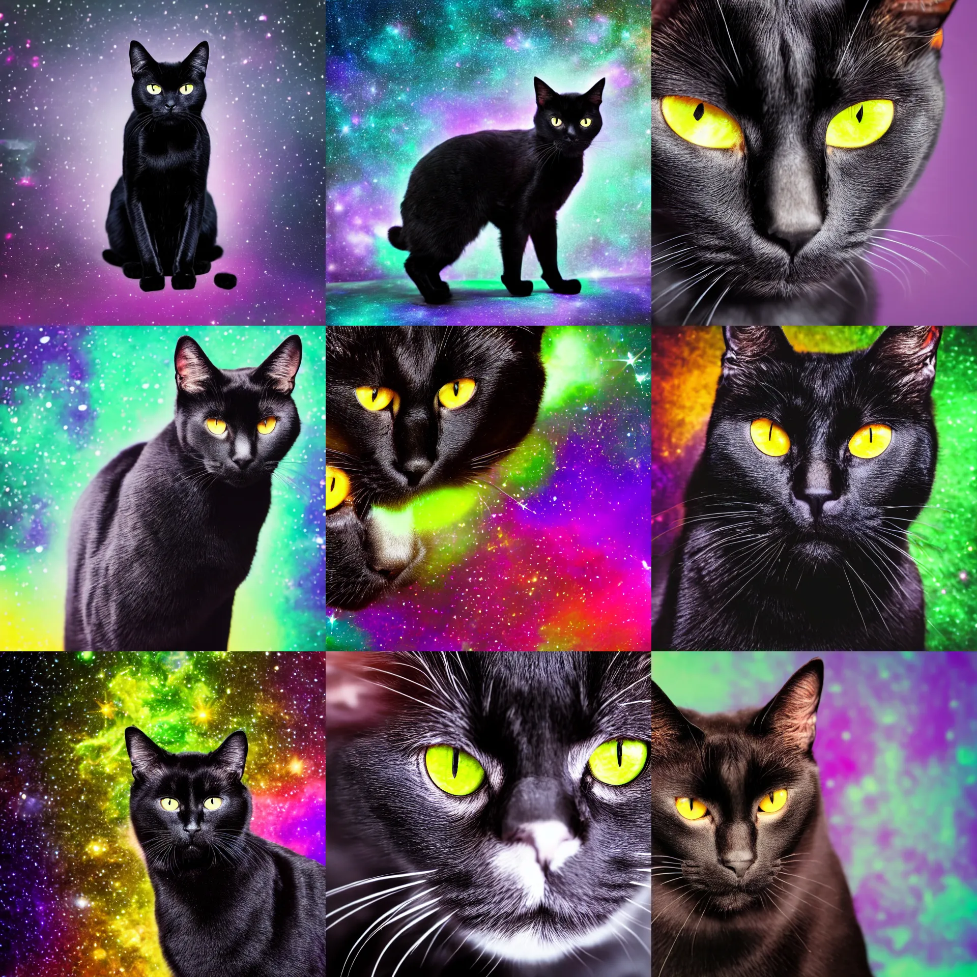 Prompt: full body photograph of a black cat with yellow eyes staring at you, green and purple studio lighting, on a galaxy looking background