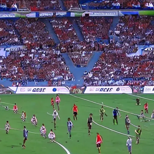 Image similar to cable TV coverage of kangaroos playing soccer in a packed stadium