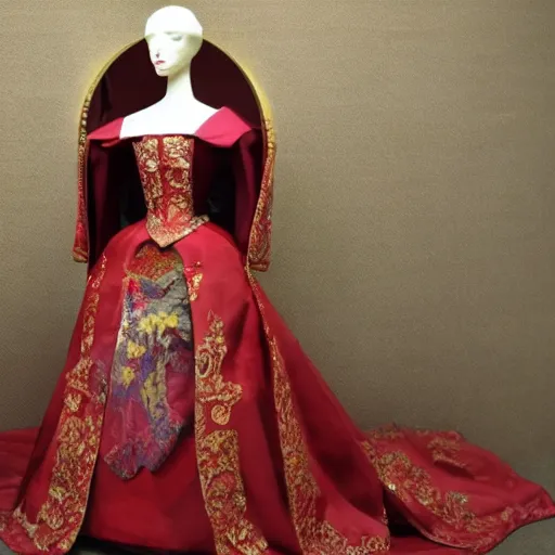 Image similar to An empress bridal ensemble is shown on a mannequin in a museum from a 1900s historical fantasy that combines Russian and Japanese influences.