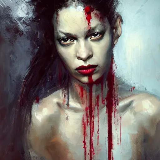 Prompt: portrait of the god of death, beautiful female face, angelic, black woman, dark, blood, by jeremy mann, by lucian freud, oil painting, god rays, female warrior, warrior face painting red, wings, holding a weapon, intricate, highly detailed, trending on artstation, award winning, cinematic