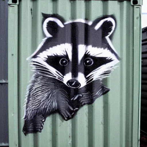 Prompt: raccoon graffiti on shipping container,