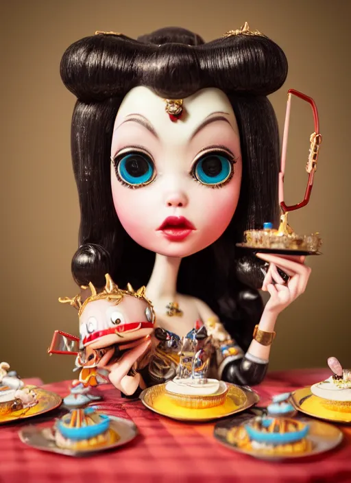 Prompt: closeup portrait of tin toy tin toy elvira eating cakes, depth of field, zeiss lens, detailed, symmetrical, centered, fashion photoshoot, by nicoletta ceccoli, mark ryden, lostfish, earl nore, hyung tae, frank frazetta, breathtaking, 8 k resolution, extremely detailed, beautiful, establishing shot, artistic, hyperrealistic, octane render