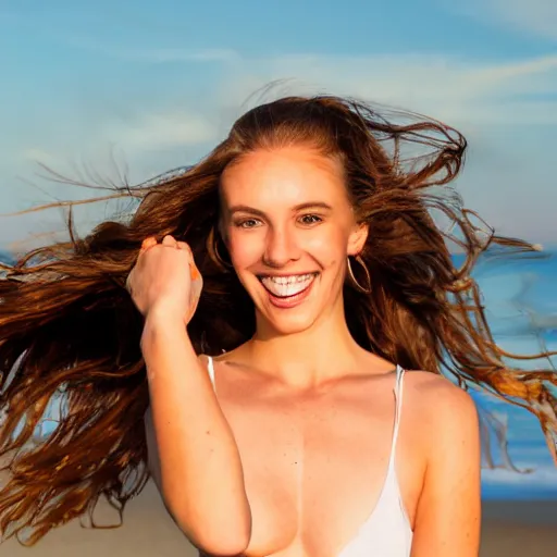 Prompt: A cute young woman, long shiny bronze brown hair, green eyes, cute freckles, smug smile, golden hour, beach setting medium shot, mid-shot,