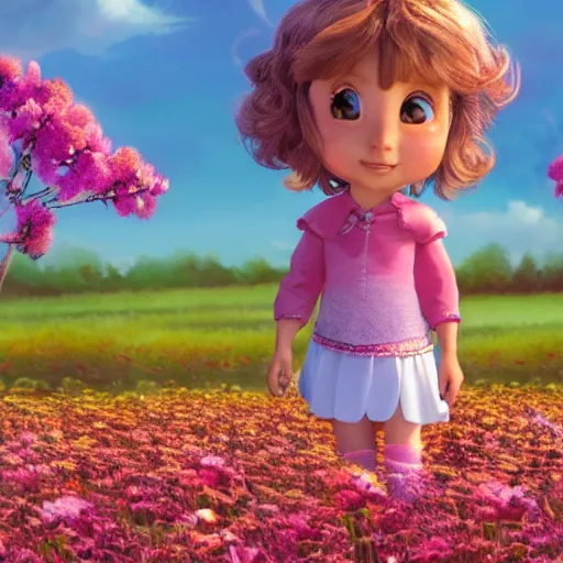 Image similar to a little girl with short wavy brown hair sits in a field of flowers in a still from a disney movie. beautiful disney cartoon character art, high quality, detailed face