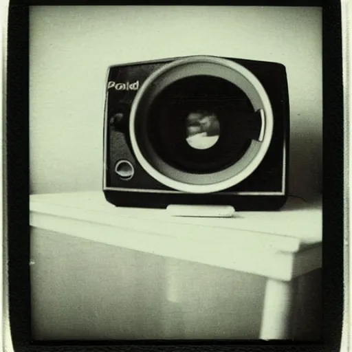 Prompt: creepy Polaroid photo of a cursed TV showing a well, 90s, black and white, dark room, found footage, in the style of the ring