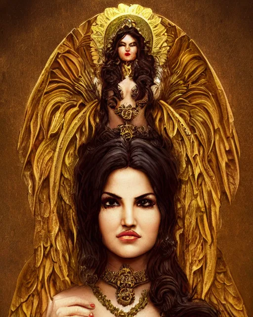 Image similar to concept art, sunny leone as an angel woman, beautiful, frank frazetta, ornate, art nouveau, symmetrical, gold jewelry, high contrast, unbiased render, Emil melmoth, eerie, haunting, victorian, 8k, octane render, style of Gustav Klimt, head and shoulders