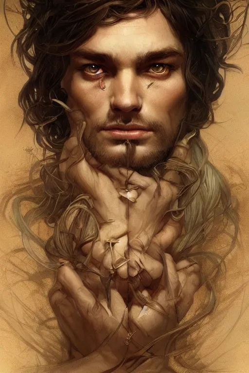 Image similar to up close portrait of a male wood fae, d & d, face, fantasy, intricate, elegant, highly detailed, digital painting, artstation, concept art, smooth, sharp focus, illustration, art by artgerm and greg rutkowski and alphonse mucha