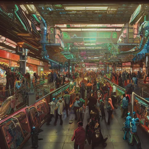 Prompt: highly detailed crowded used future shopping mall, robots humans and extraterrestrials, on a crowded space station, jim henson creature shop, 1 9 8 0 s science fiction, 1 9 7 0 s science fiction, alien 1 9 7 9, cyberpunk, 3 d oil painting, depth perception, 4 k, artstation