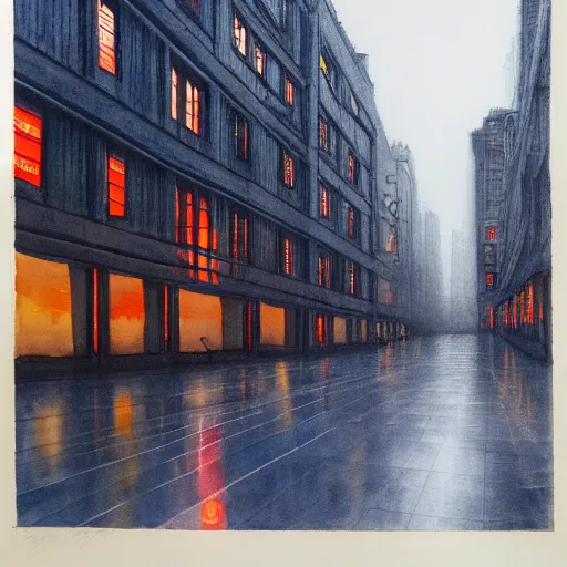 Prompt: A watercolor of an empty Wukang Road in Shanghai, a rainy street with cloudy overcast sky, poignant, high contrast of light and dark, smooth, by Joseph Zbikowicz, 8k