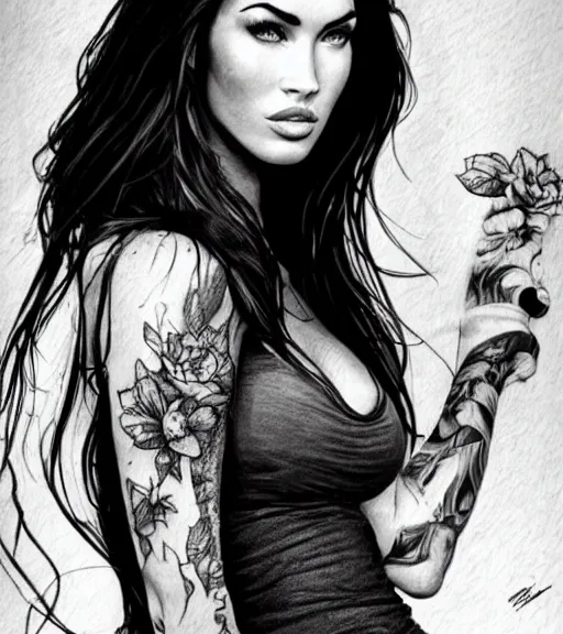 Image similar to tattoo design sketch of megan fox portrait against a background of the most beautiful nature, hyper - realistic, in the style of den yakovlev, amazing detail, black and white