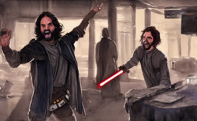 Image similar to an accurate realistic star wars watercolor fantasy concept art of a drug dealer that looks like chris d'elia screaming in a sleazy futuristic bar of coruscant, hq, 4 k