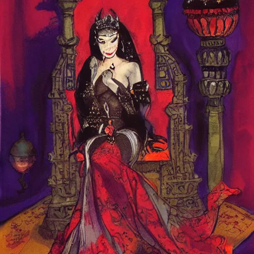 Image similar to an illustration of a dark queen on a throne, oriental, arabic, at night by marc davis, realistic, gouache, painting