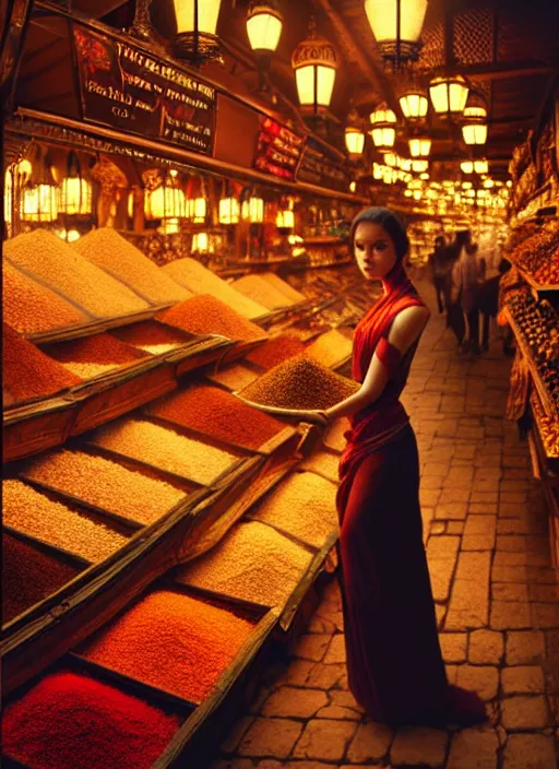 Prompt: a young woman shopping in a spice market at night, soft glow from lanterns, shiny, fantasy, intricate, elegant, hyper detailed, ultra definition, photoreal, artstation, unreal engine rendered, concept art, smooth, sharp focus, illustration, art by artgerm and greg rutkowski and alphonse mucha and garis edelweiss