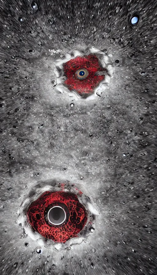 Image similar to a storm vortex made of many demonic eyes and teeth, with vray