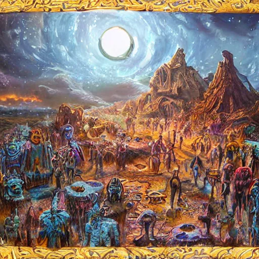 Image similar to extraterrestrial wedding in village on ancient post - apocalyptic planet, jim henson creature shop, vivid and colorful, cinematic, oil painting, highly detailed, illustration