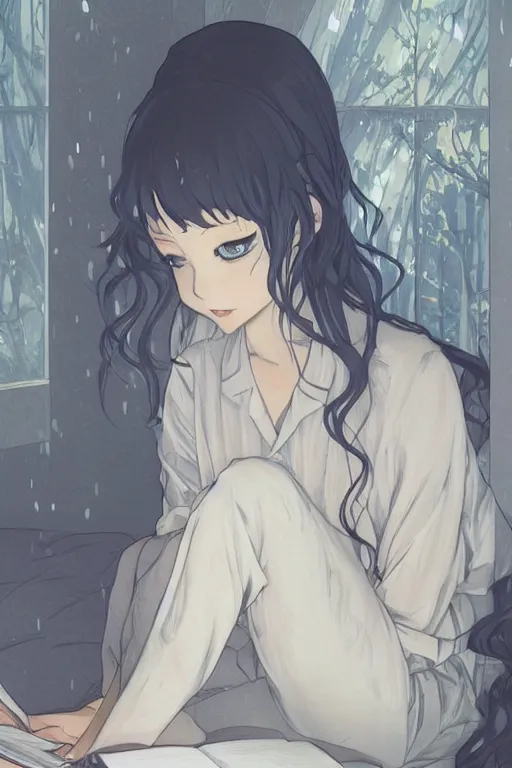 Prompt: a digital painting of a girl in a jk uniform outfit in the bedroom reading a book in a night, raining outside the window, dark and grey theme ， wavy white long hair, by krenz cushart and mucha and akihito yoshida and greg rutkowski and makoto shinkai, detailed eyes, 4 k resolution 、 trending on art station