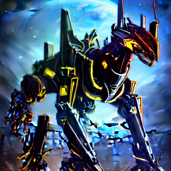 Image similar to cinematic shot, 35 foot tall detailed beautiful handsome quadrupedal robot mecha dragon, sharp edged black armor, gold accents, sleek blue visor for eyes, four legs, walking in busy neon city streets, sharp claws, epic shot, highly detailed art, sci fi, furry, 3D realistic, warframe fanart, destiny fanart, furry art, dragon art, feral art, macro art, furaffinity, DeviantArt, sofurry