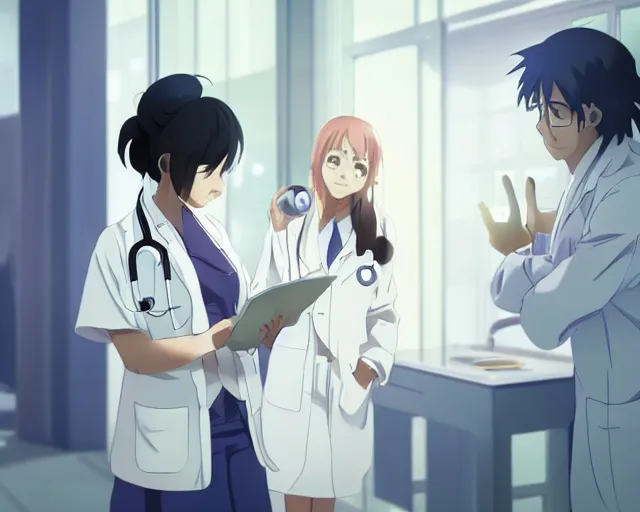 Prompt: a cute young female doctor wearing white coat are talking with a patient in a hospital, slice of life anime, lighting, anime scenery by Makoto shinkai